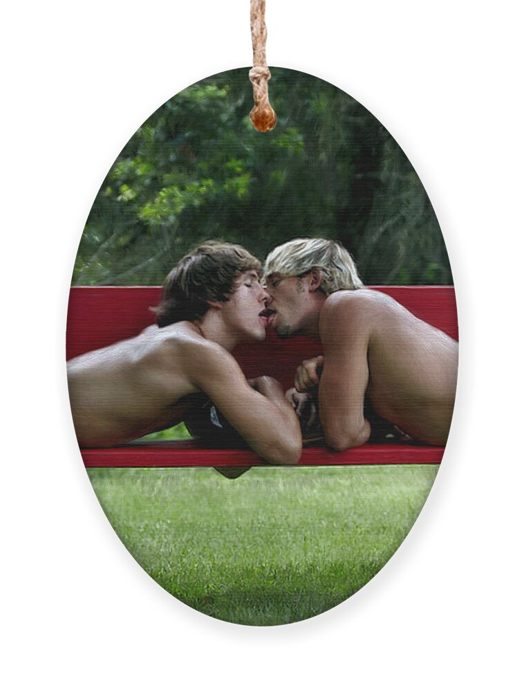 Gay Ornament featuring the painting Kiss on a Bench by Troy Caperton