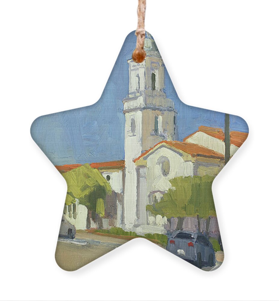 La Jolla Presbyterian Ornament featuring the painting La Jolla Presbyterian Church - La Jolla, San Diego, California by Paul Strahm