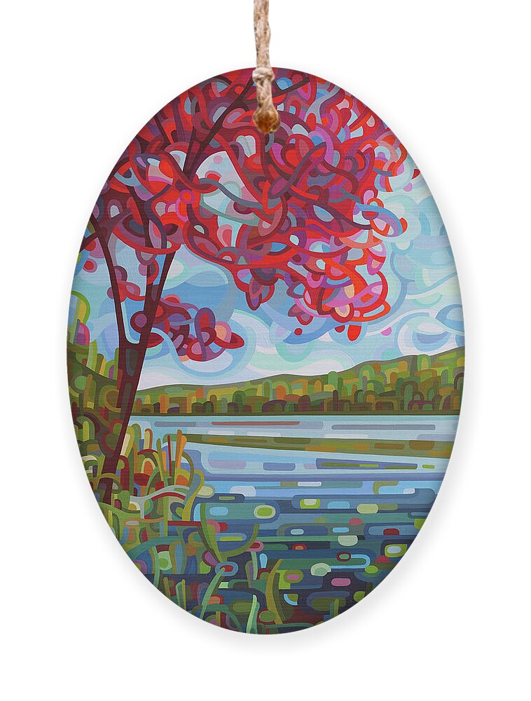 Fall. Red Maple Ornament featuring the painting Lady in Red by Mandy Budan