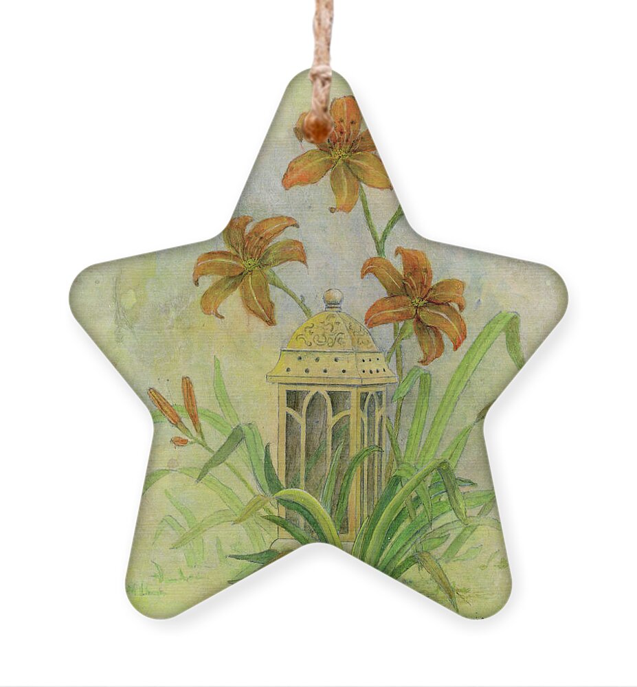Lilies Ornament featuring the mixed media Lantern and Lilies by Sandy Clift