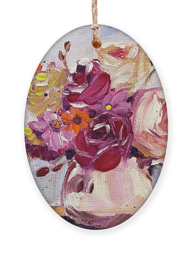 Roses Ornament featuring the painting Late Roses in a Pitcher by Roxy Rich