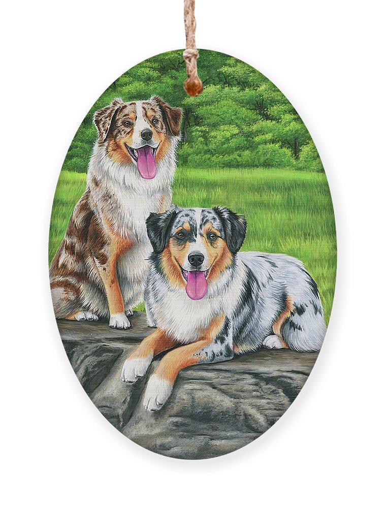 Australian Shepherd Ornament featuring the painting Lego and Drew by Rebecca Wang