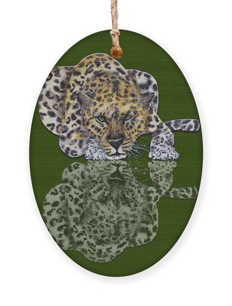 Leopard Ornament featuring the mixed media Leopard's Reflection by Kelly Mills