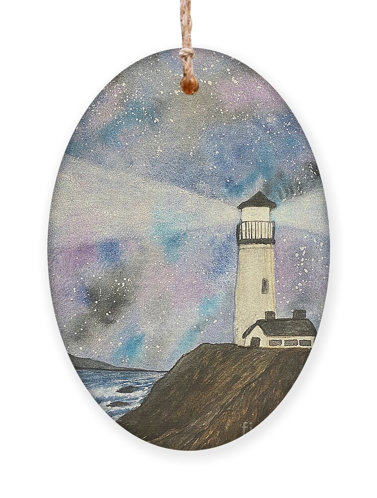 Lighthouse Ornament featuring the painting Lighthouse at Night by Lisa Neuman