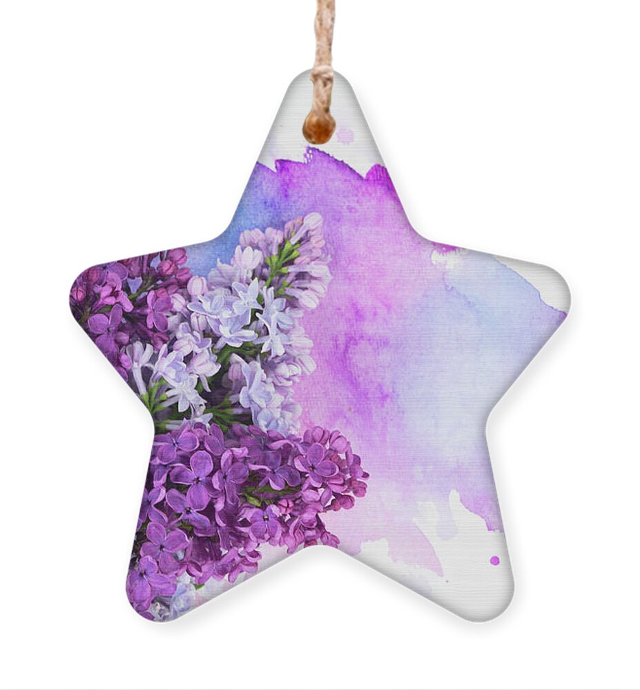 Lilac Ornament featuring the photograph Lilac flowers on watercolor by Anastasy Yarmolovich