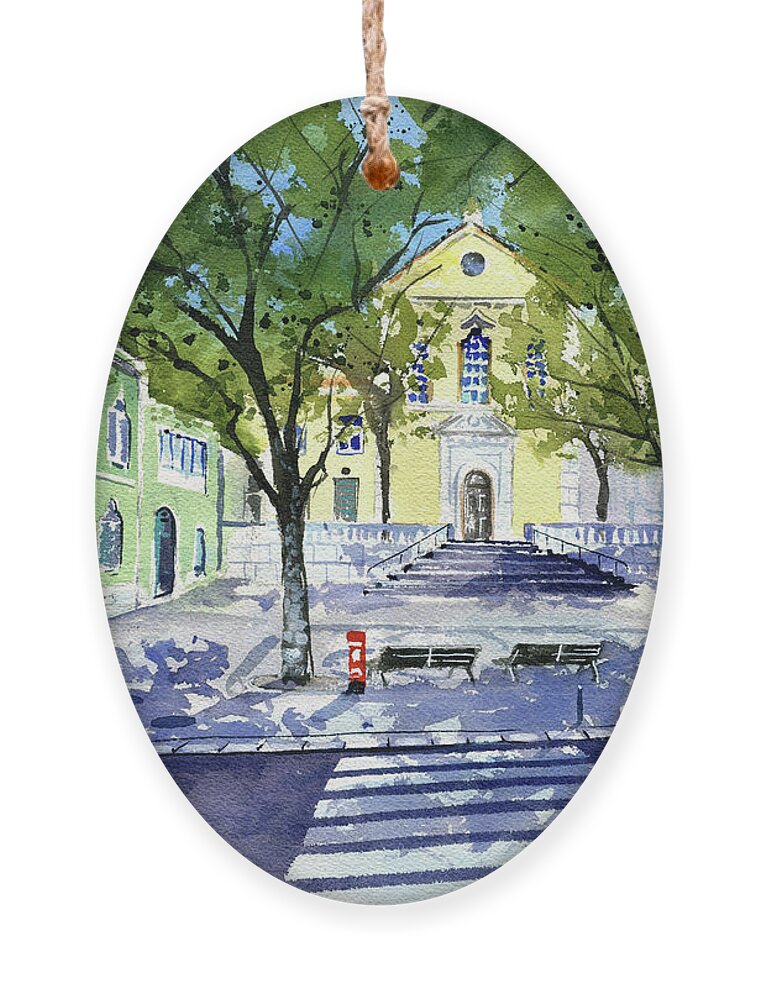 Lisbon Ornament featuring the painting Lisboa Igreja De Sao Mamede by Dora Hathazi Mendes