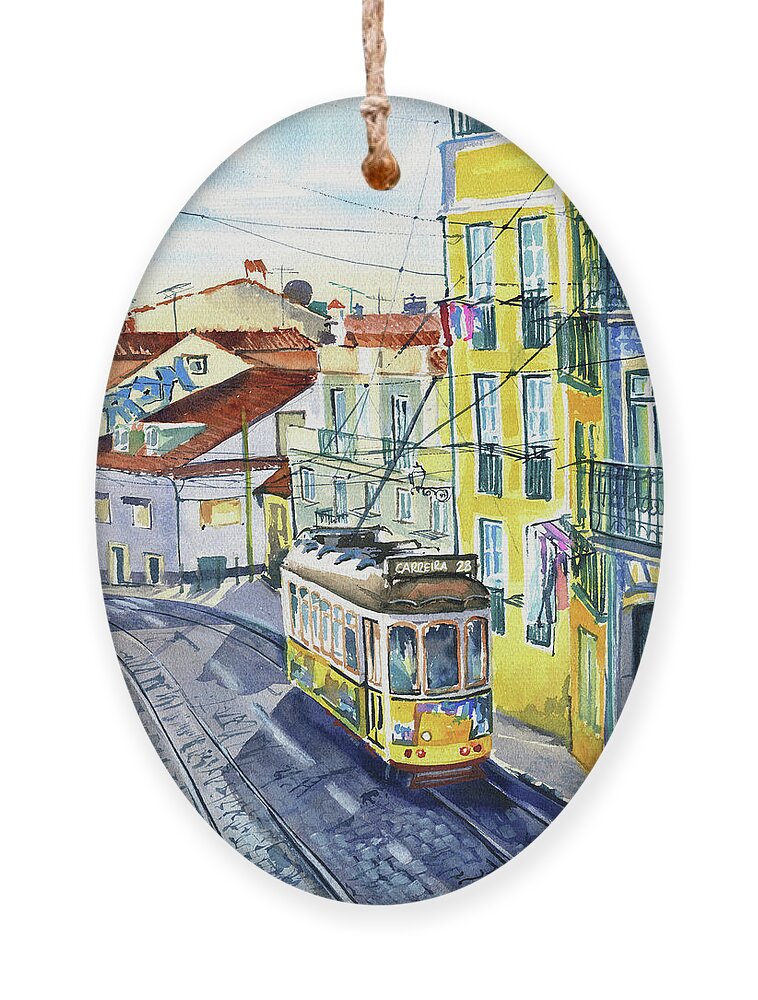 Lisbon Ornament featuring the painting Lisbon Tram 28 Painting by Dora Hathazi Mendes