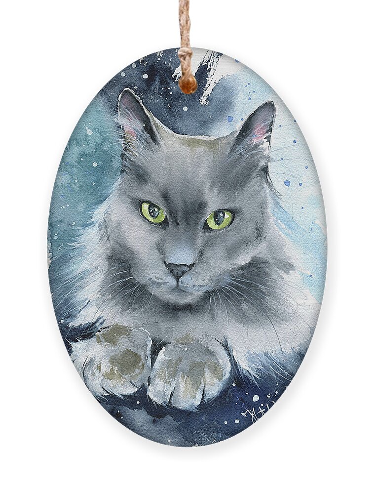 Cat Ornament featuring the painting Little C Fluffy Blue Cat Painting by Dora Hathazi Mendes