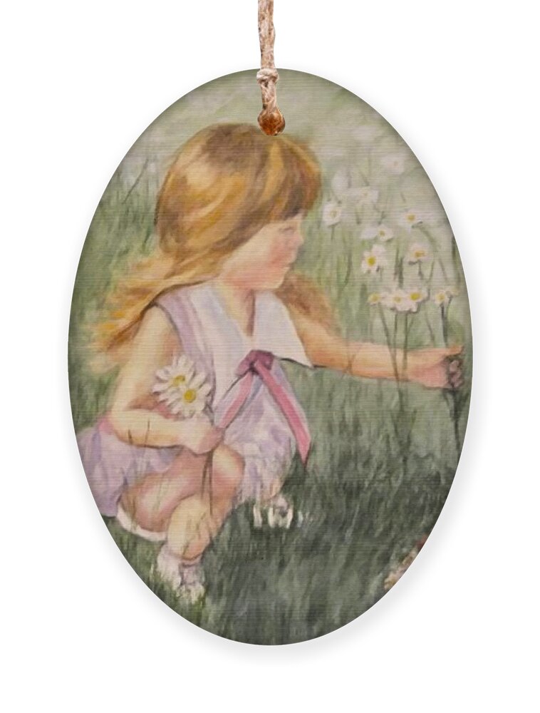 Little Girl Painting Ornament featuring the mixed media Little Girl Picking Flowers by Kelly Mills