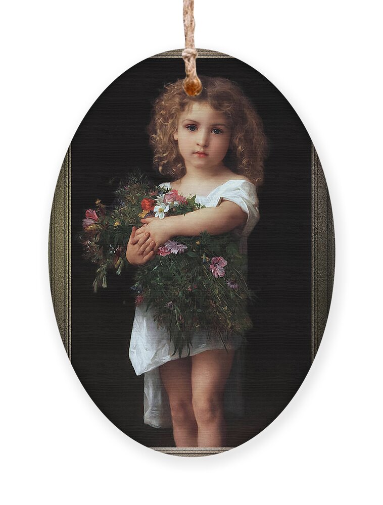 Little Girl With Flowers Ornament featuring the painting Little Girl With Flowers by William-Adolphe Bouguereau by Rolando Burbon