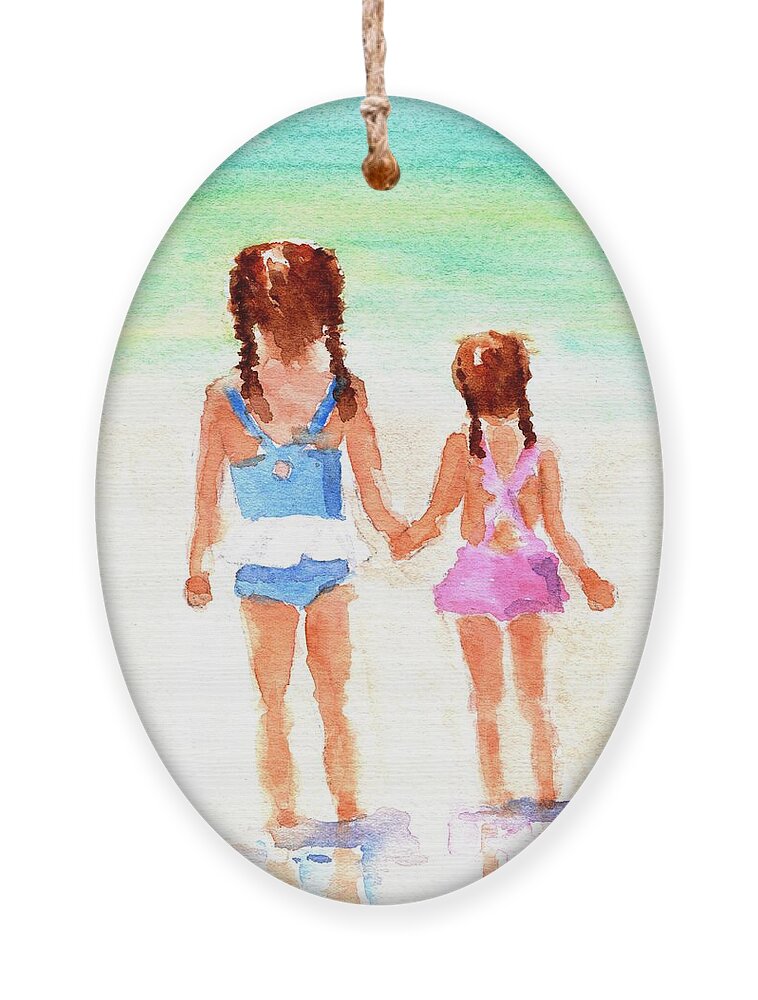 Little Sisters Ornament featuring the painting Little Girls at the Beach by Carlin Blahnik CarlinArtWatercolor