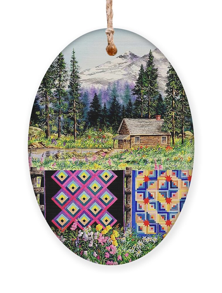 Mountains Ornament featuring the painting Log Cabin Quilts by Diane Phalen