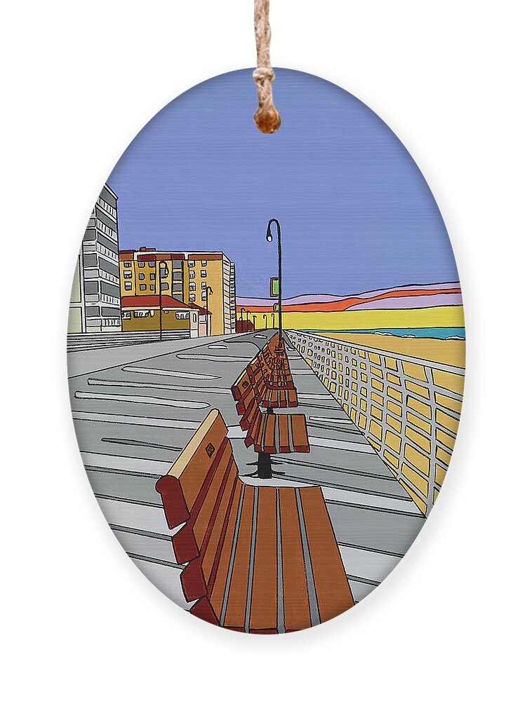 Long Beach Boardwalk Long Island Ocean Atlantic Ornament featuring the painting Long Beach Boardwalk Sunrise by Mike Stanko