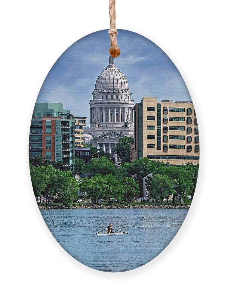 Madison Ornament featuring the photograph Madison Capitol with Rower by Steven Ralser