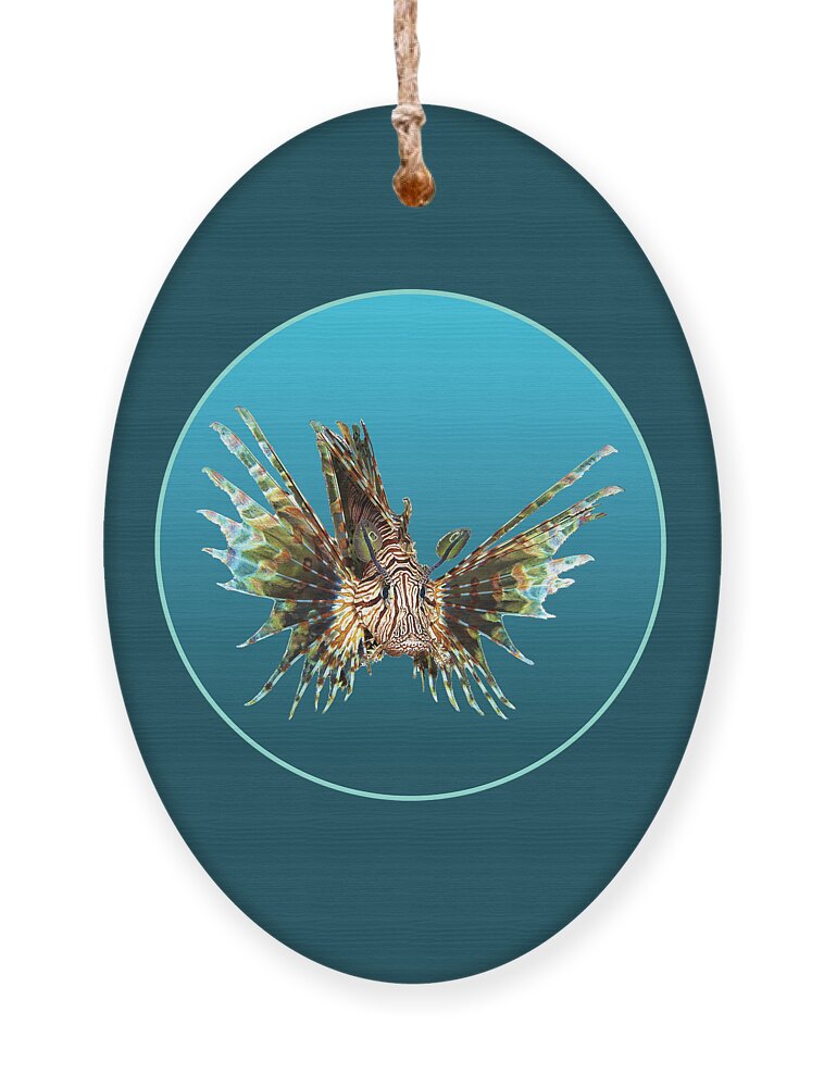 Lionfish Ornament featuring the mixed media Magic lionfish in a circle in blurry blue - by Ute Niemann