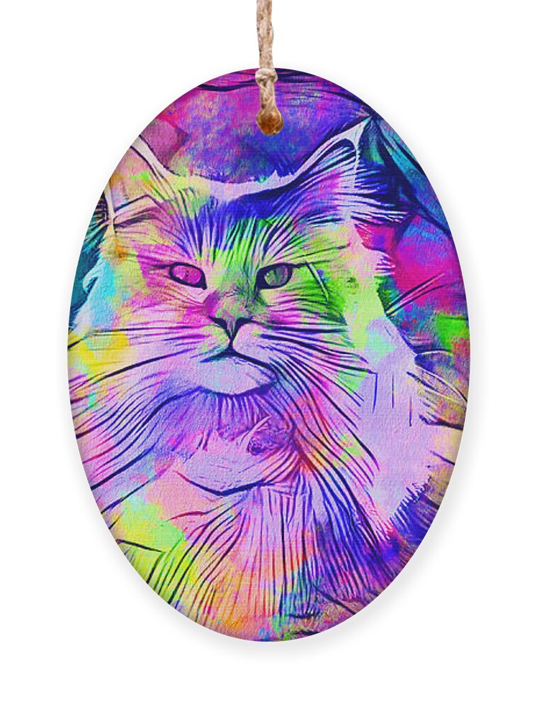 Maine Coon Ornament featuring the digital art Maine Coon cat looking at camera - colorful lines digital painting by Nicko Prints