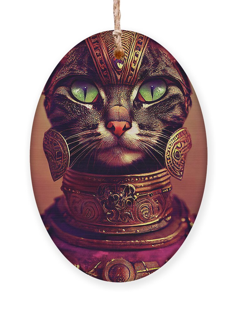 Tabby Cats Ornament featuring the digital art Malaya the Tabby Cat Warrior by Peggy Collins