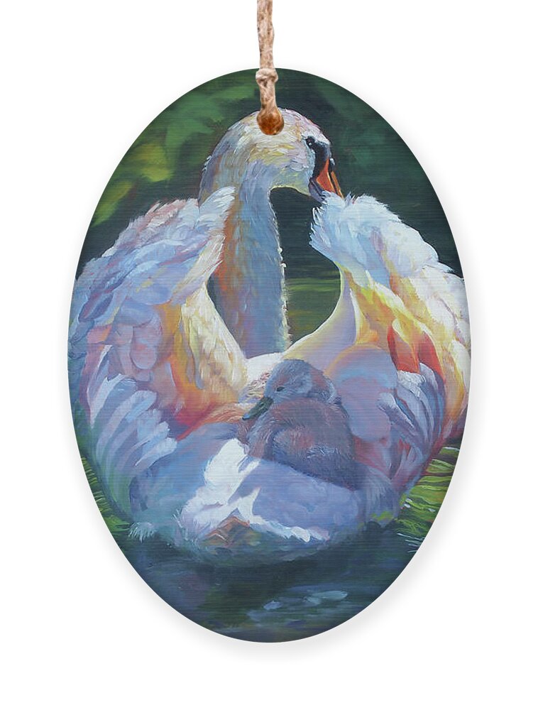 Swan And Cygnet Ornament featuring the painting Mama's Soft Embrace by Marguerite Chadwick-Juner