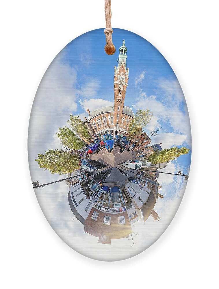 March Ornament featuring the photograph March in Cambridgeshire town hall mini planet by Simon Bratt