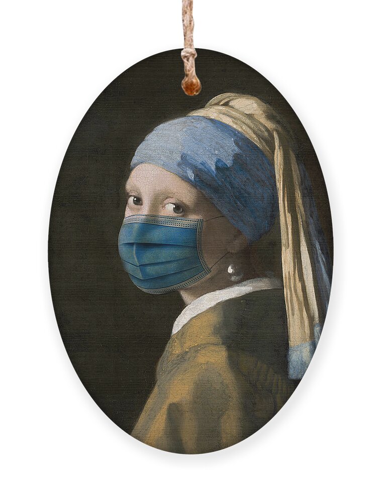 Coronavirus Ornament featuring the digital art Masked Girl with a Pearl Earring by Nikki Marie Smith