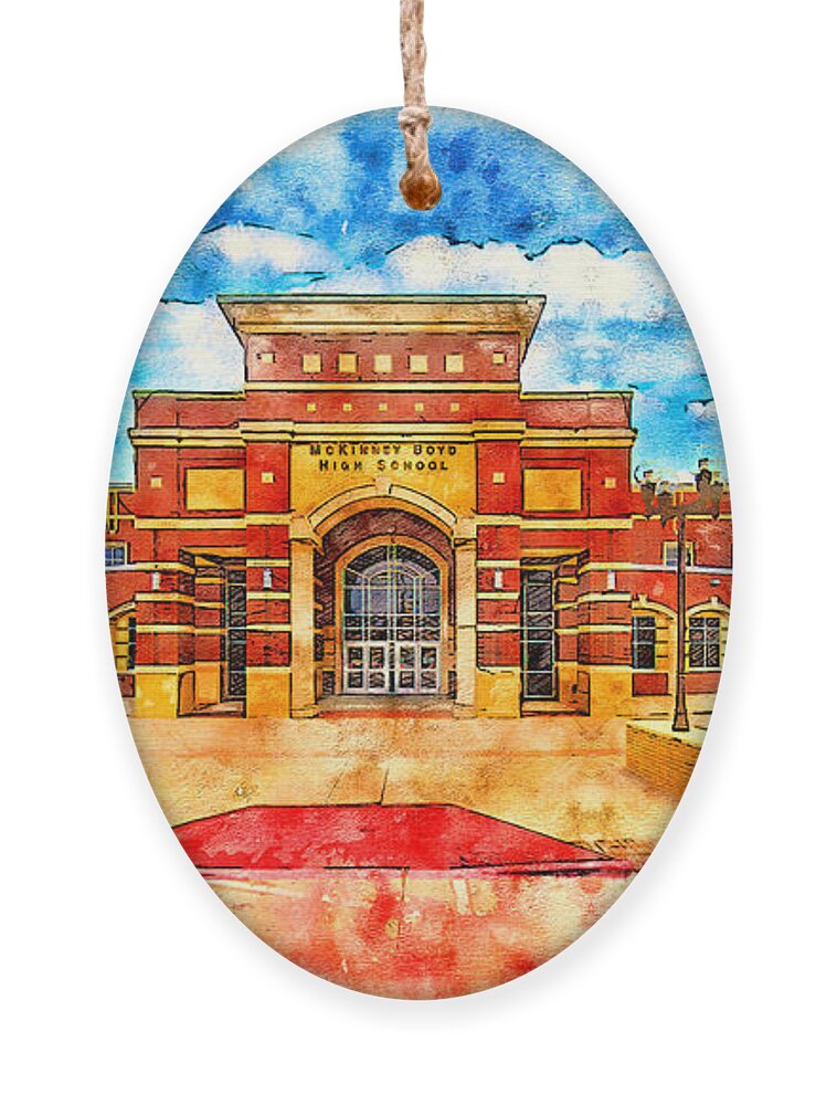 Mckinney Boyd High School Ornament featuring the digital art McKinney Boyd High School - pen and watercolor by Nicko Prints
