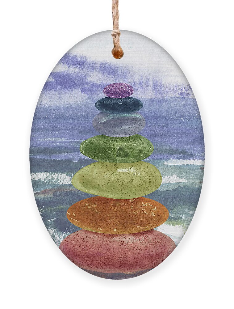Heart Ornament featuring the painting Meditative Chakra Rocks With Beach Heart Pebble Watercolor by Irina Sztukowski