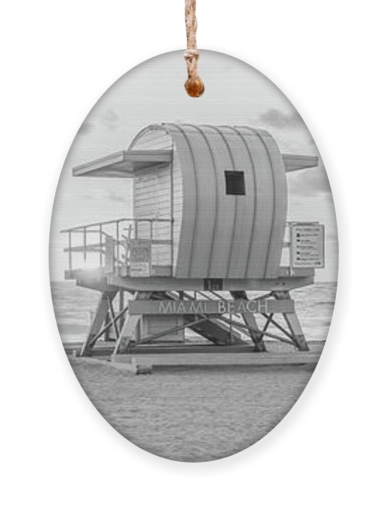 1st Ornament featuring the photograph Miami 1st Street Lifeguard Station Black and White Panorama Pict by Paul Velgos