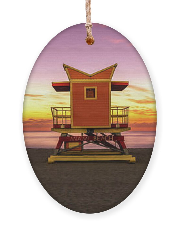 2022 Ornament featuring the photograph Miami Beach 3rd Street Lifeguard Tower at Sunrise Panorama Photo by Paul Velgos