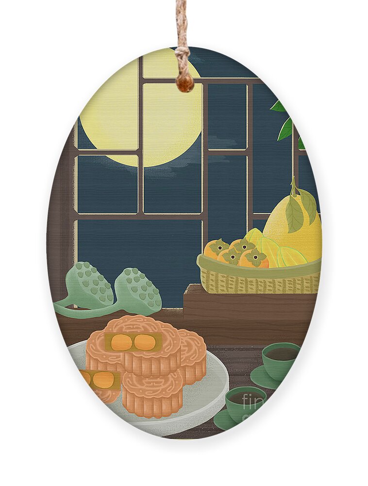 Moon Cakes Ornament featuring the drawing Mid-Autumn Festival Moon Cake Illustration by Min Fen Zhu