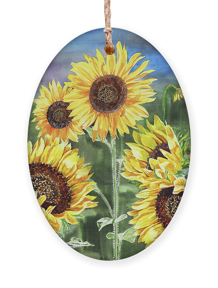 Sunflowers Ornament featuring the painting Midday In The Field Sunflowers Watercolor Happy Flowers  by Irina Sztukowski