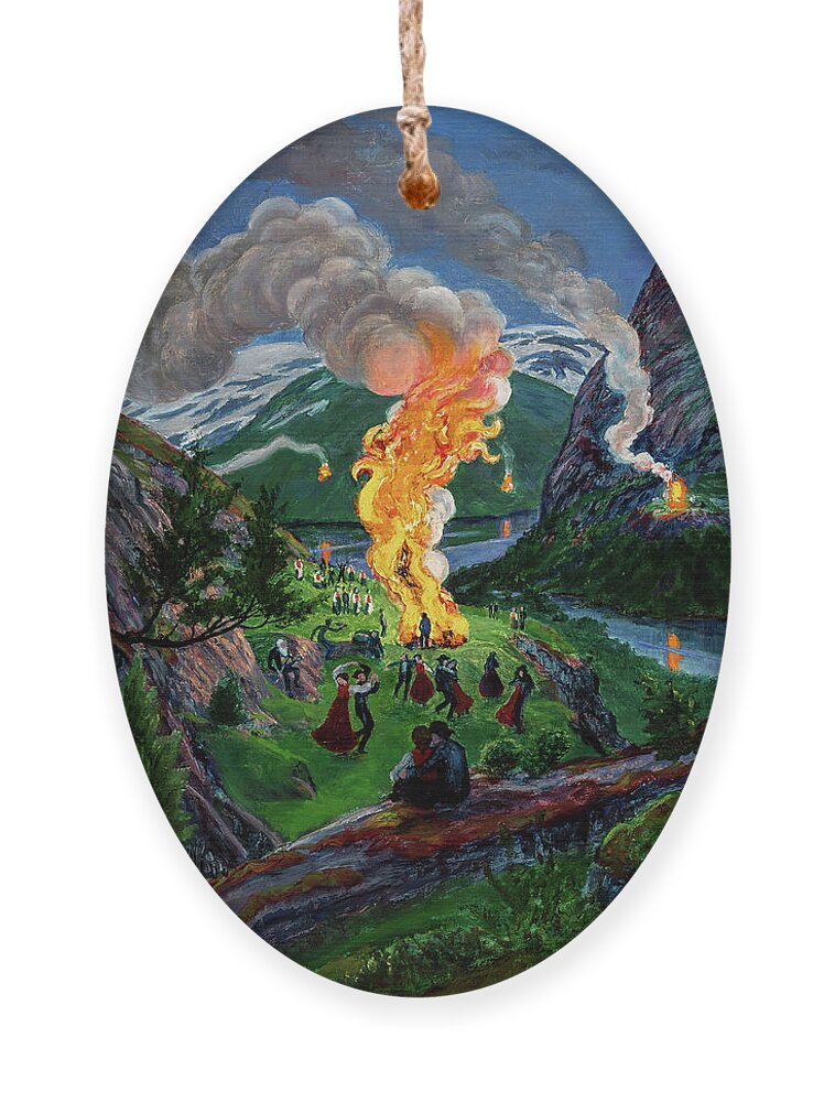 Nikolai Astrup Ornament featuring the painting Midsummer Eve Bonfire, 1926 by Nikolai Astrup