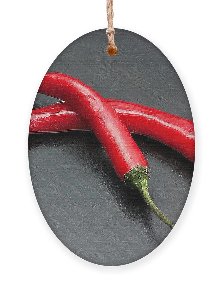Spices Ornament featuring the painting Mild Medium Hot Fire Breathing Red Chili Peppers by Tony Rubino