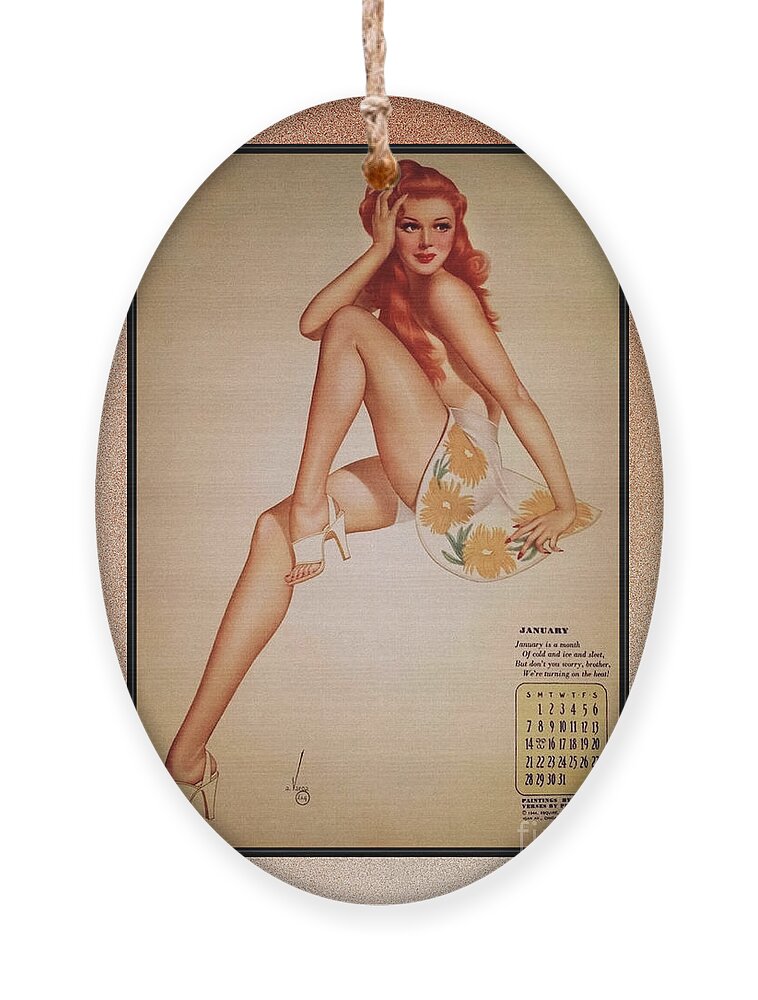 Miss January Ornament featuring the painting Miss January Varga Girl 1944 Pin-up Calendar by Alberto Vargas Vintage Pin-Up Girl Art by Rolando Burbon