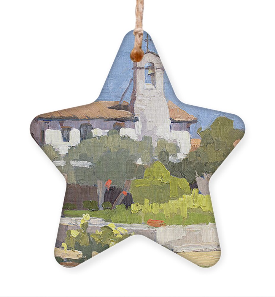 Mission Ornament featuring the painting Mission Fountain and Courtyard - Mission San Juan Capistrano, California by Paul Strahm