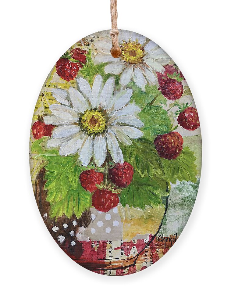 Strawberry Painting Ornament featuring the painting Mixed Media Daisies And Strawberries by Cheri Wollenberg