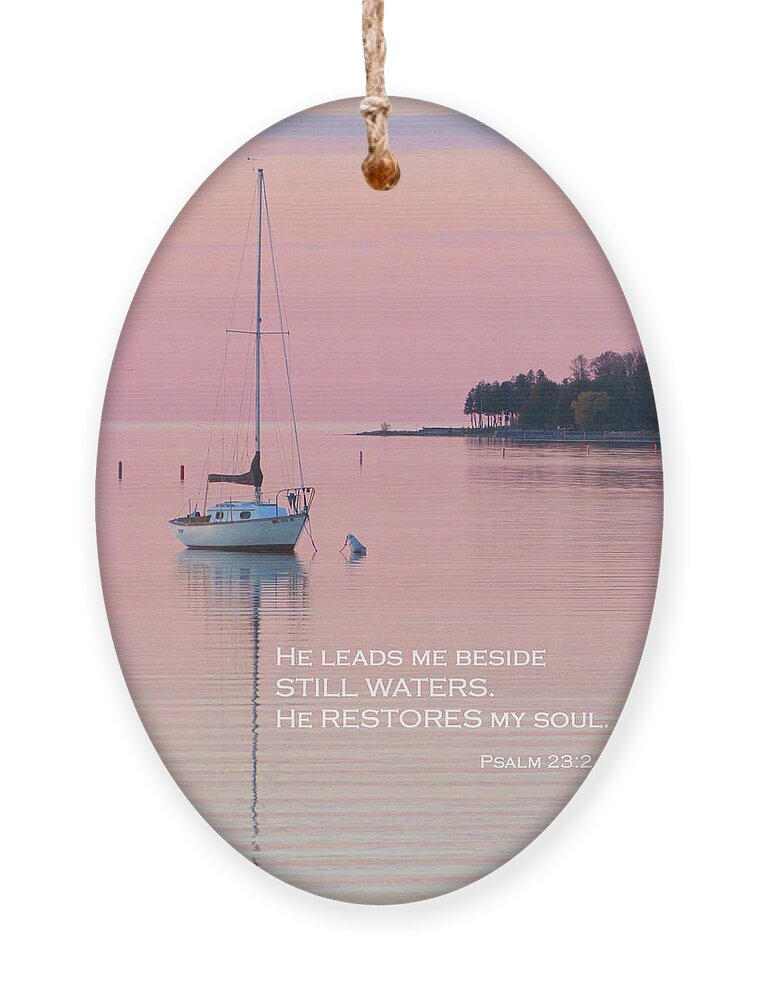 Sunset Ornament featuring the photograph Moored Sailboat - Psalm 23 by David T Wilkinson