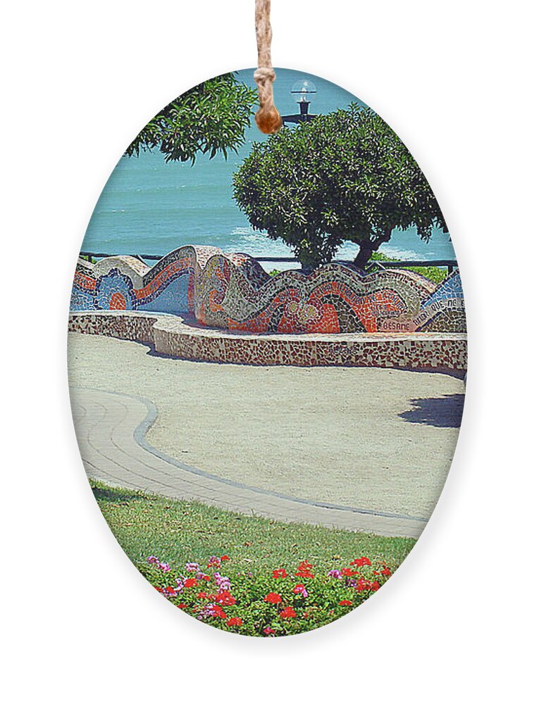 Parque Del Amor Ornament featuring the photograph Mosaic Wall By The Sea, Lima Peru by Karen Zuk Rosenblatt