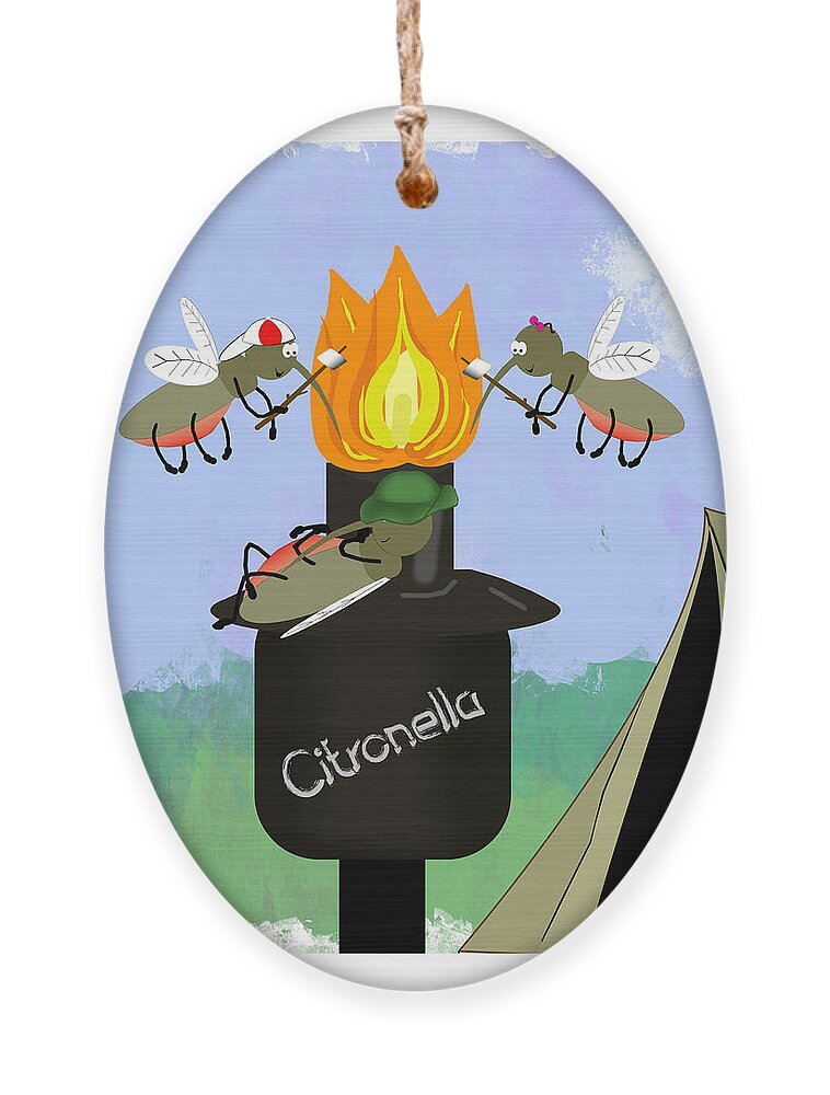 Mosquitoes Ornament featuring the digital art Mosquito Family Camping by Tiki Torch Cartoon by Colleen Cornelius