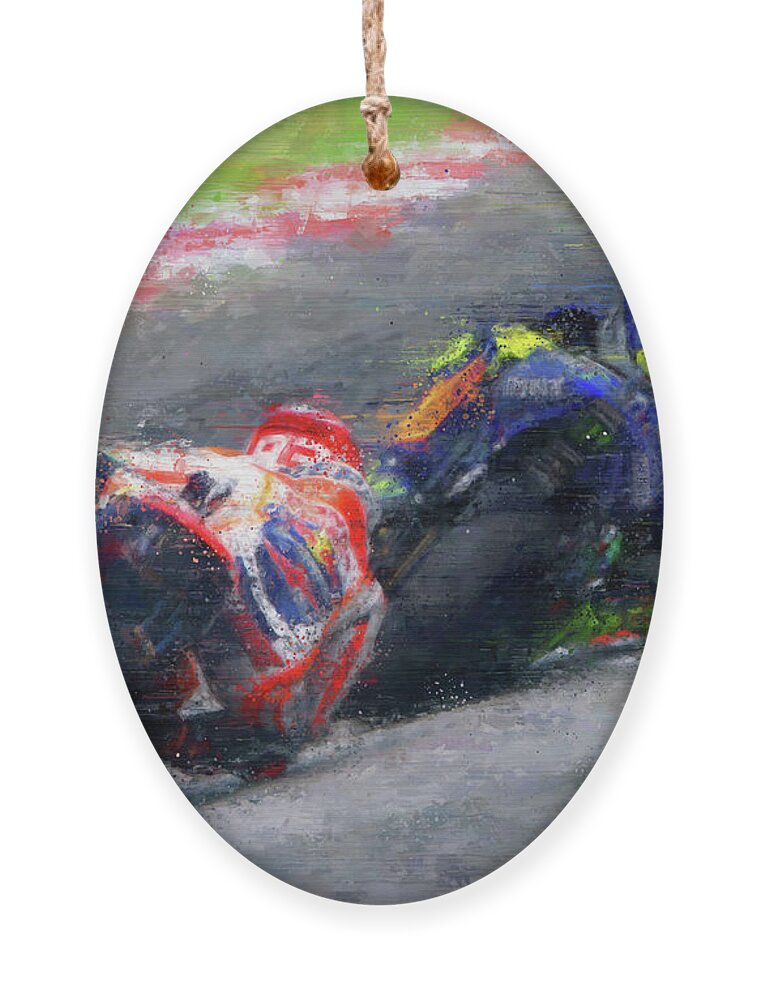 Motorcycle Ornament featuring the painting MOTO GP Rossi vs Marquez by Vart by Vart