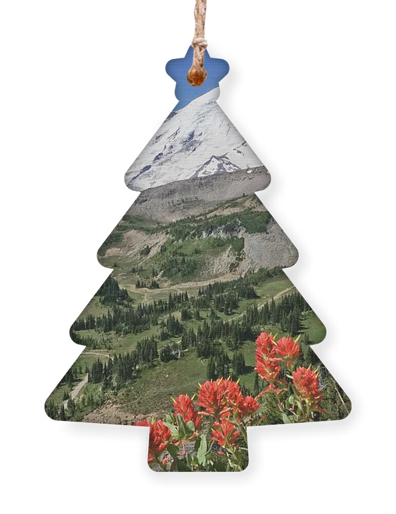 Castilleja Hispida Ornament featuring the photograph Mount Rainier View with Paintbrush Wildflowers by Nancy Gleason