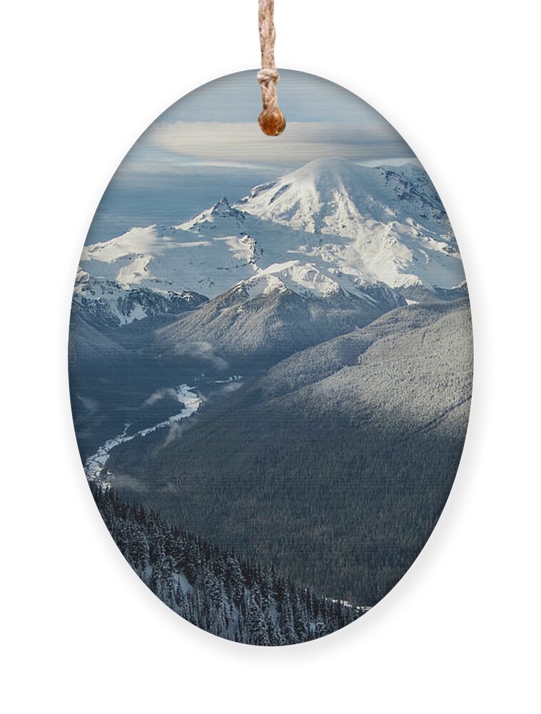 Mount Rainier Ornament featuring the photograph Mount Rainier with Lenticular Cloud and White River Valley by Nancy Gleason