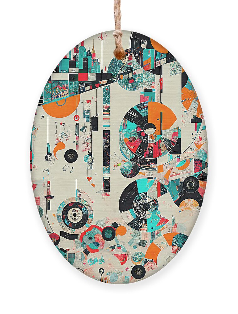 Abstract Vintage Music Ornament featuring the digital art Music City Abstract Vinyl Records Vintage Modern Art by Ginette Callaway