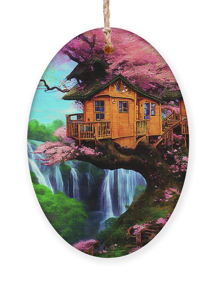 Tree House Ornament featuring the digital art My Tree House in Spring by Peggy Collins