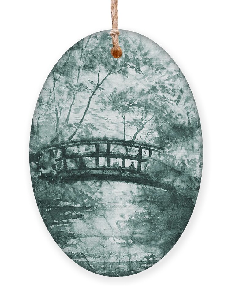 Gray Pond Ornament featuring the painting Mystic Pond With Bridge Watercolor Garden In Gray by Irina Sztukowski