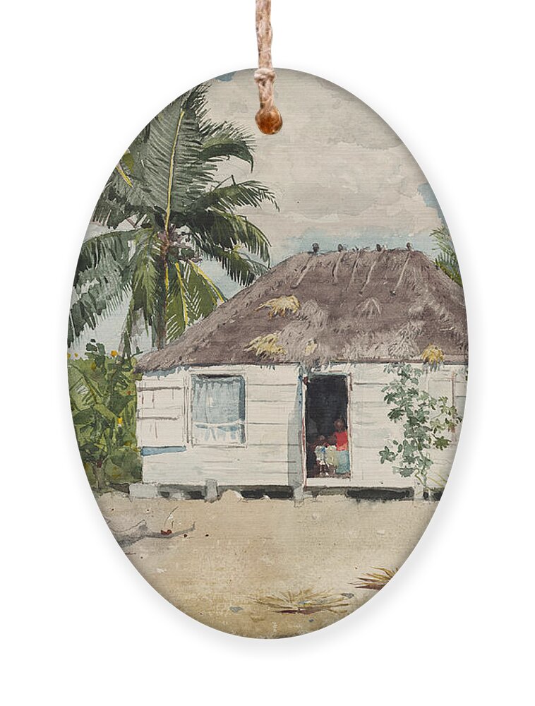 Winslow Homer Ornament featuring the drawing Native hut at Nassau by Winslow Homer