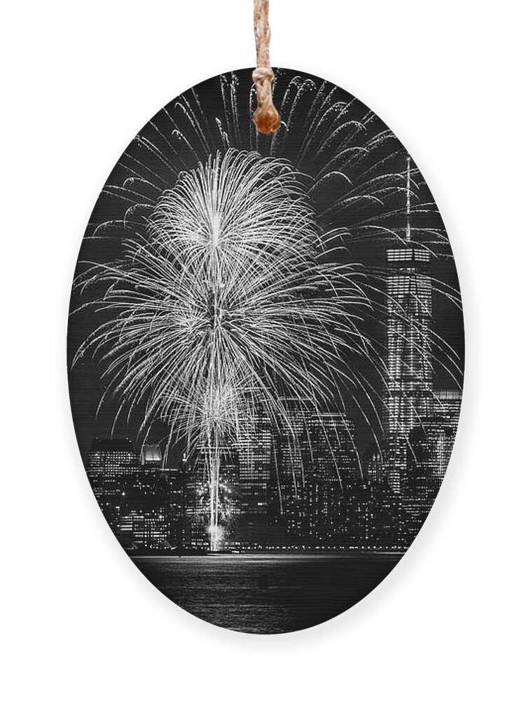 New York Ornament featuring the photograph New York City Harbor Fireworks Black and White by Christopher Arndt