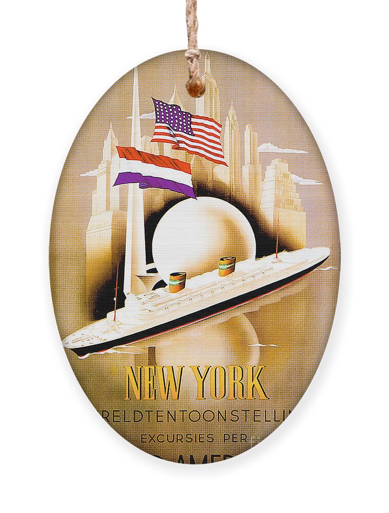 New York Ornament featuring the painting New York Wereldtentoonstelling excursies per Holland Amerika Lijn Poster 1938 by Unknown