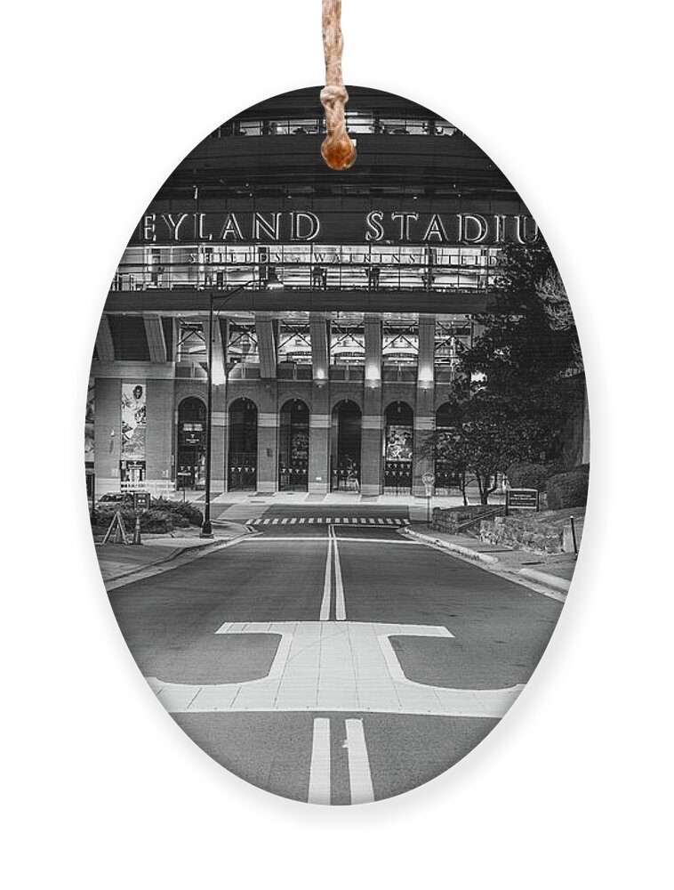 University Of Tennessee At Night Ornament featuring the photograph Neyland Stadium at the University of Tennessee at night in black and white by Eldon McGraw