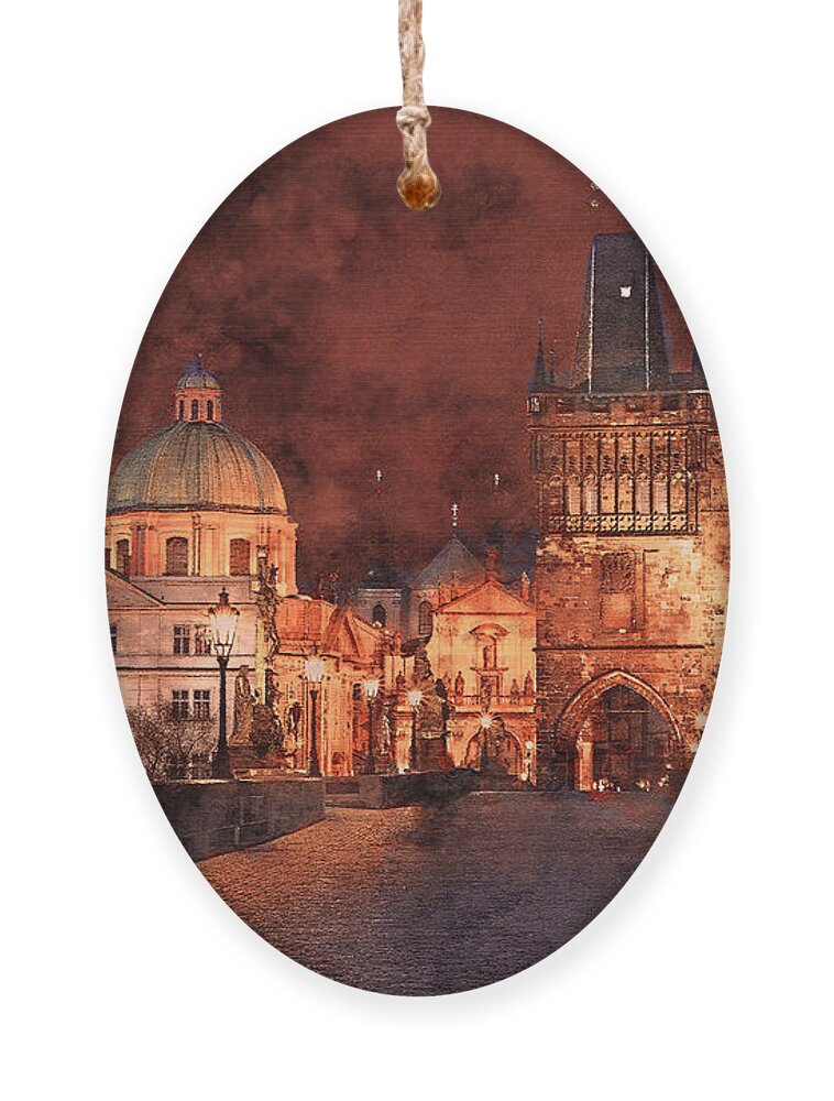 Prague Ornament featuring the painting Night at Charles Bridge in Prague by Alex Mir