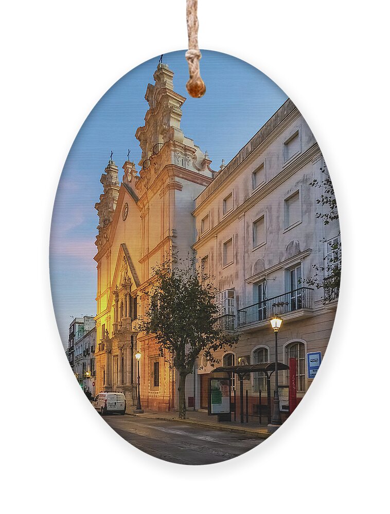 Catholicism Ornament featuring the photograph Night View of del Carmen Church in Alameda Apodaca Cadiz Andalusia by Pablo Avanzini